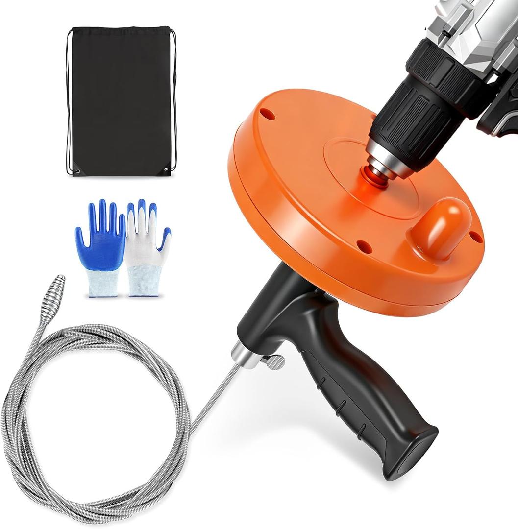 Drain Auger, Plumbing Snake with Drill Adapter, 25 ft Flexible Drain Snake Clog Removal Tool Use Manually or Powered for Kitchen Bathroom Shower Sink, Come with Gloves and Cloth Bag