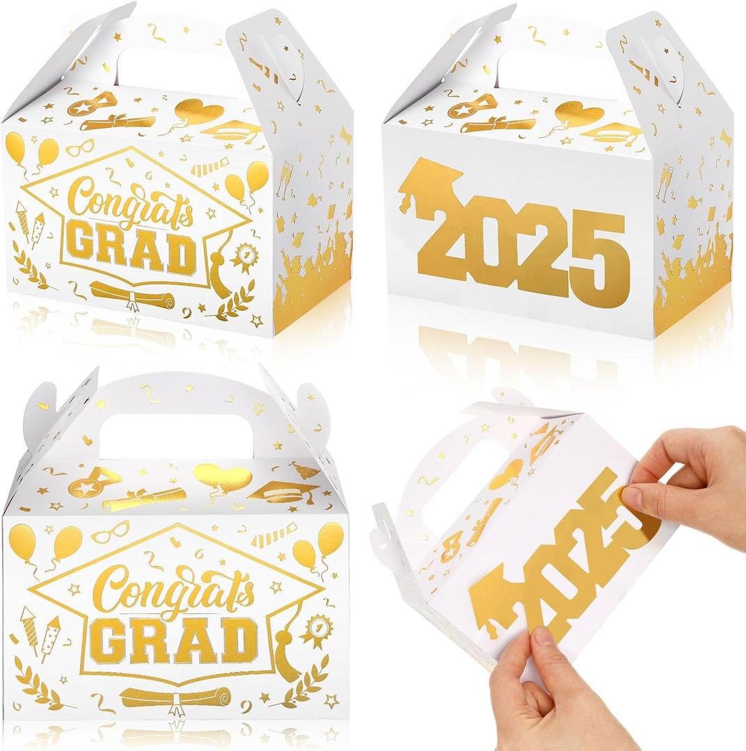 Tenceur 30 Pack Graduation Party Favors Boxes with 2025 DIY Sticker Large Capacity Graduation Treat Cookie Candy Gift Boxes for Class of 2025 Congrats Grad College Party Favors(White and Gold)