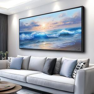 XIGUANGART Ocean Canvas Wall Art, Blue Sea Wave and Large Coastal Beach Paintings Sunset Seascape Pictures Framed Artwork Wall Decor for Living Room Bedroom Bathroom Kitchen Hallway Home Office, 48"L x 24"W
