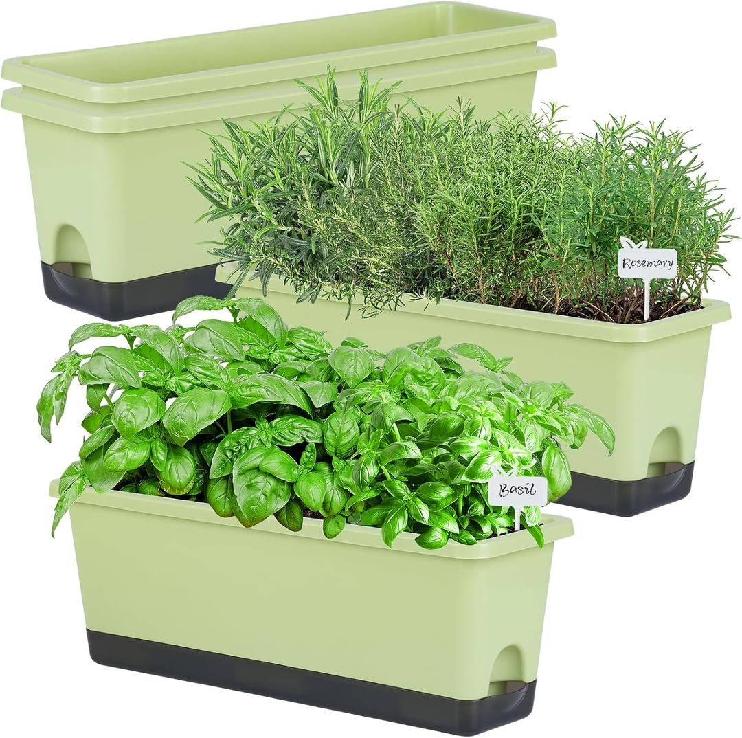 Window Box Planter 4 Packs, 17 Inches Rectangle Flower Pots with Drainage Holes & Trays, Pots for Vegetables, Herbs, Flowers, Garden Windowsill Balcony (Light Green, 17 * 5.1 * 6 inch)
