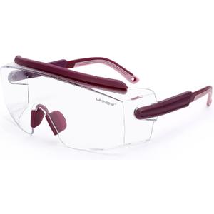 UKNOW Safety Goggles Over Glasses, Anti Fog Safety Glasses with Clear Wraparound Lens, ANSI Z87.1 Protective Eyewear (Burgundy)