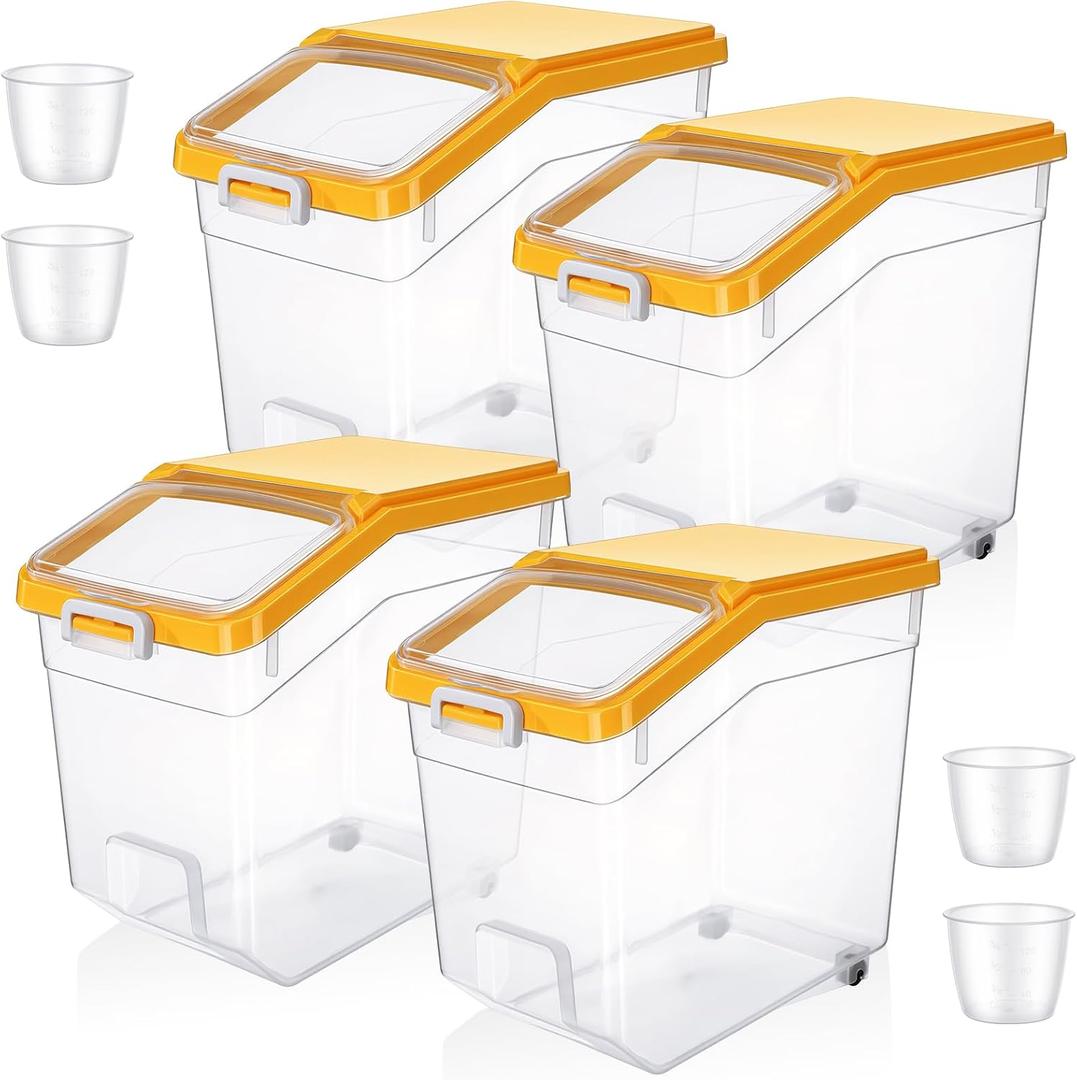 4 Pcs Rice Storage Container 38 lb Flour Container with Wheels Measuring Cup Clear Pet Food Bin Dog Bird Cat Food Bin Grain Cereal Organizer Box for Dry Baking Supplies(Yellow Lid)