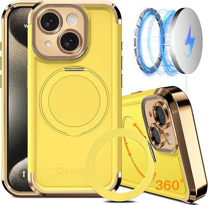 COOLQO for iPhone 15 Case 6.1'' Upgraded 360° Spin Magnetic Stand [Compatible with Magsafe][Military Protection] Plating Matte Scratch-Resistant Back Protective Shockproof Phone Case, Yellow Gold