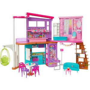Barbie Vacation House, 2-Storey Fully-Furnished Barbie House with 6 Play Areas, Swing Chair Elevator, 30 Accessories, Fold and Store, Toys for Ages 3 and Up, One Toy House, HCD50