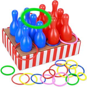 Leitee 45 Pcs Carnival Themed Ring Toss and Bowling Set for Adult Party Entertainment, Includes Ticket Box, 12 Bowling Pins, 32 Toss Rings (Carnival Style)