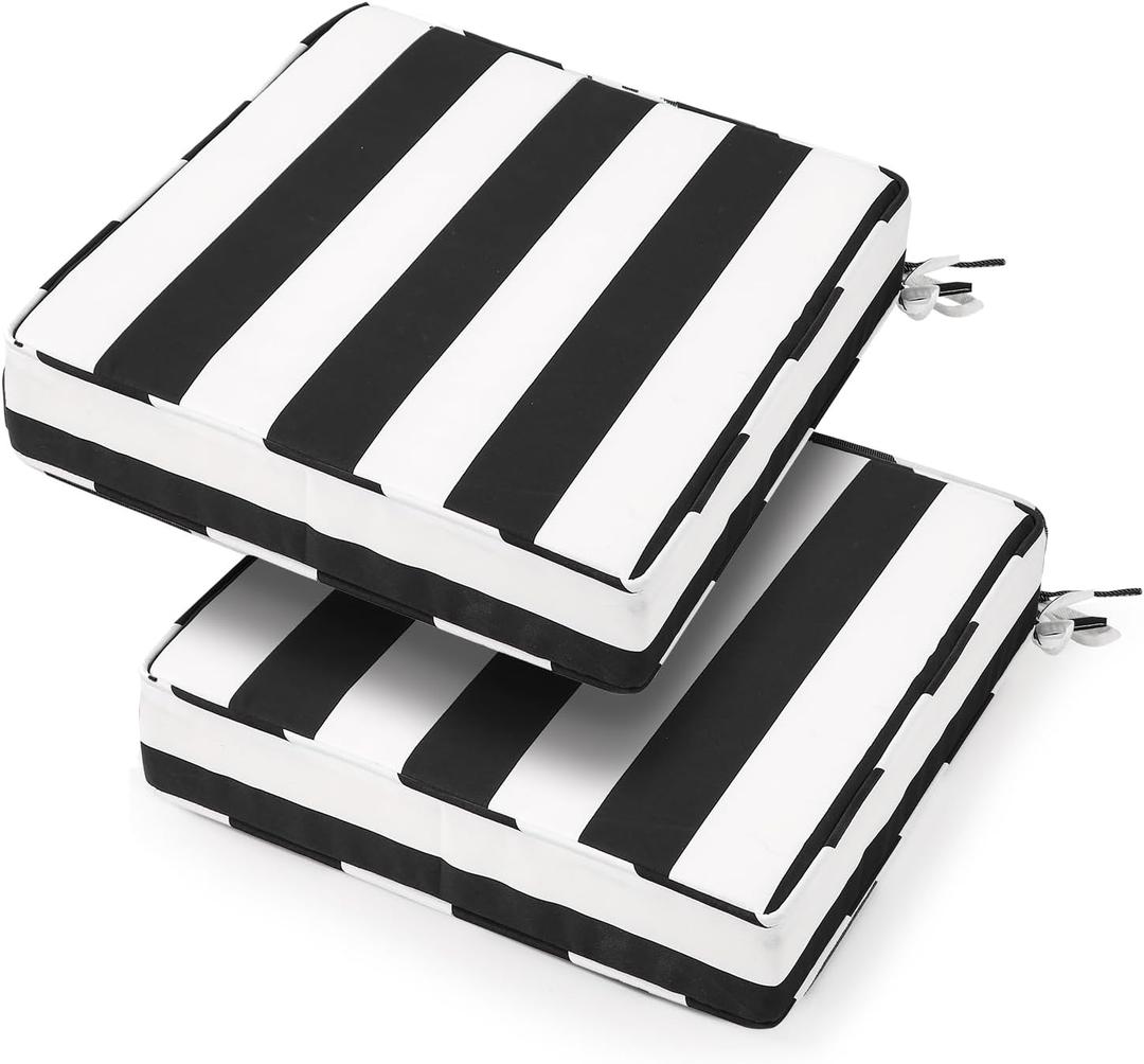 18x18x3 Inch Outdoor Square Corner Chair Cushions with Ties Set of 2, Water&Fade Resistant Thick Seat Cushion Pads for Garden Patio Dining Porch Furniture - Black White Striped