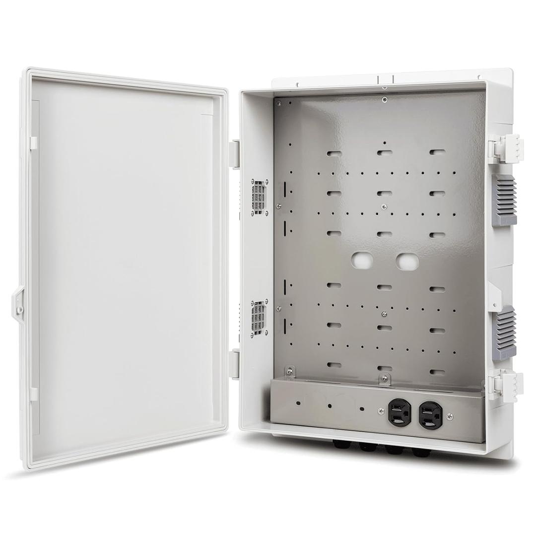 Outdoor Electrical Junction Box with High Power Outlet, ABS Water Resistant Enclosure with Internal Mounting Panel & Hinged Cover. (18.1" H* 12.6" L* 4.3" W & Outlet)