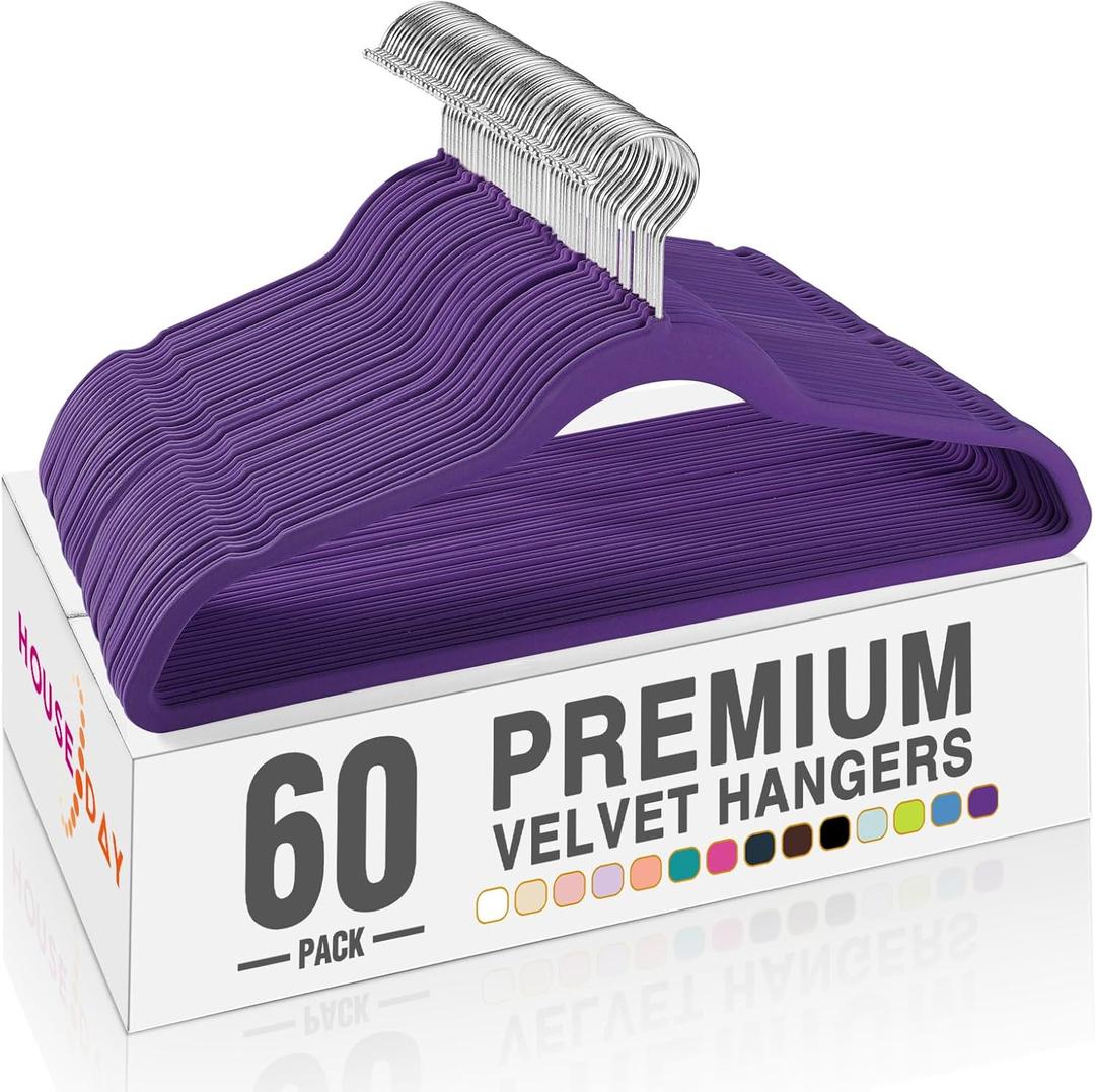HOUSE DAY Noble-Purple Velvet Hangers 60 Pack, Non Slip Clothes Felt Hanger Heavy Duty for Coat, Premium Slim Space Saving Suit Hangers for Closet Organizer, 360 Rotating Silver Hook