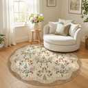 jinchan Round Rug 5ft Floral Entryway Rug Soft Washable Kitchen Oriental Non Slip Mat Low Pile Chinoiserie Lightweight Flower Throw Carpet for for Bedroom Living Room Playroom Office, Light Taupe