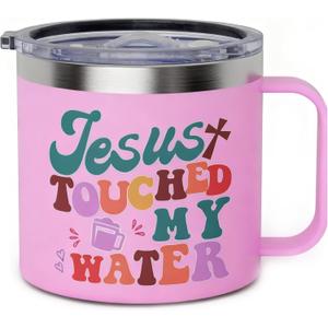 Jesus Touched My Water Mug with Lid - Jesus Gifts for Women - 14oz Pink Christian Coffee Mugs for Women Insulated Stainless Steel