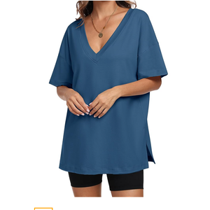 ANRABESS Women's Oversized T-Shirt Short Sleeve V Neck Loose Baggy Reversible Tops Casual Tee Shirts Summer Outfits 2025,  Small, Blue  