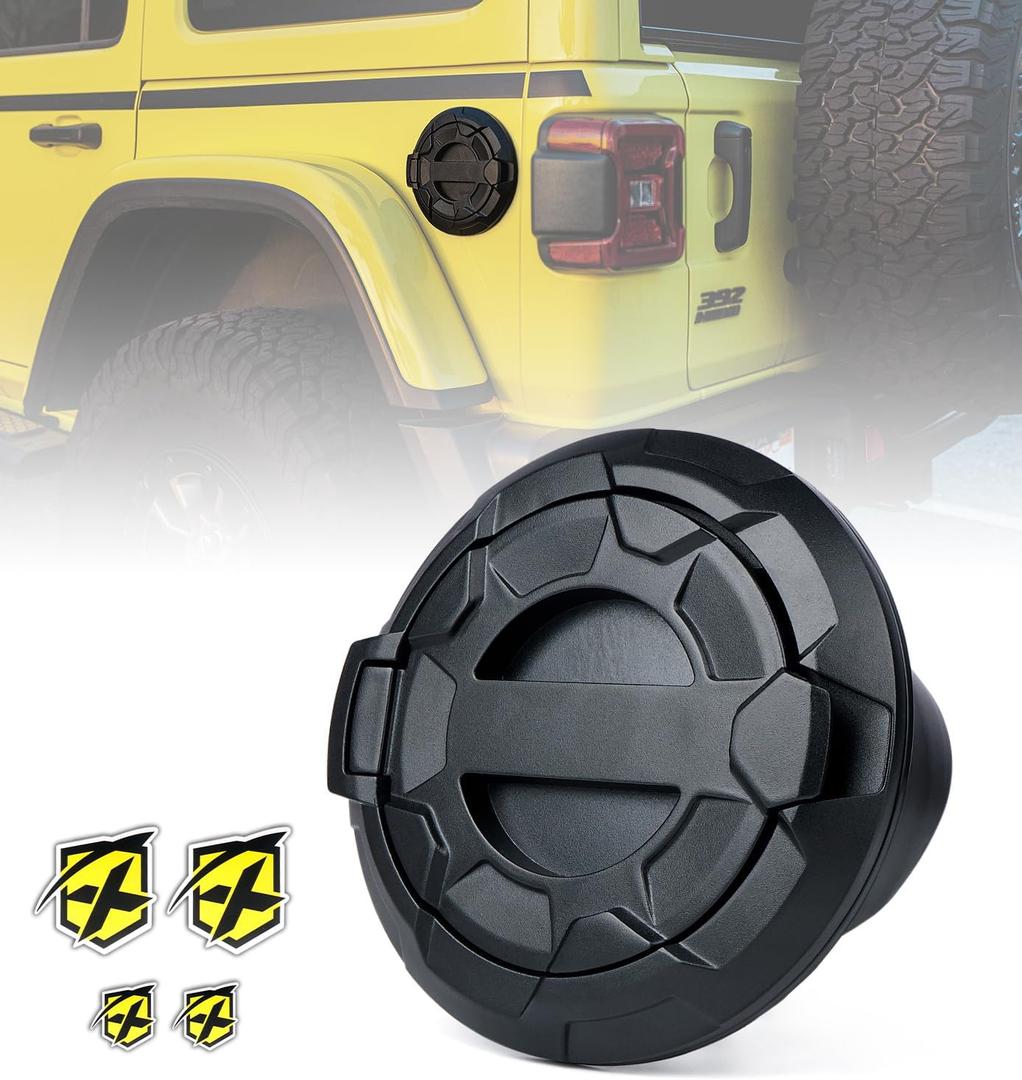 Xprite Gas Tank Cap Cover Compatible with Jeep Wrangler 2018-2026 JL & JLU 2 & 4 Door Unlimited, Off-Road Wheel Pattern Aluminum Fuel Filler Door Cover, Matte Black (Without Key Latch)