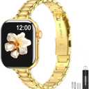 MioHHR Thin Metal Bands Compatible with Apple Watch Band Ultra3/2/1 Series 11 10 9 8 7 6 5 4 3 2 1 SE3/2/1,Slim Narrow Stainless Steel Strap for Women iWatch 49mm 46mm 45mm 44mm 42mm 41mm 40mm 38mm (Gold)