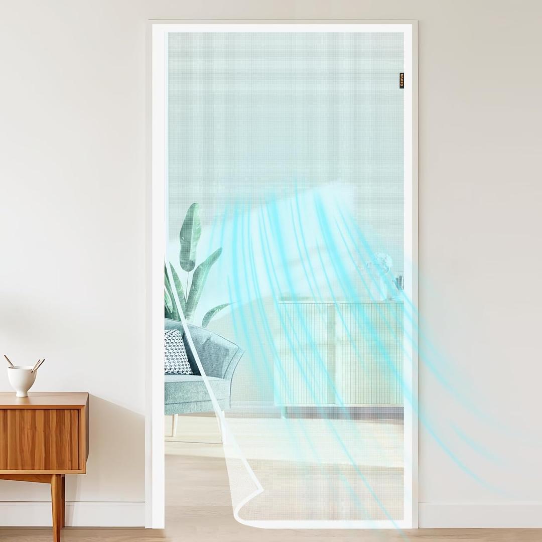 MAGZO Magnetic Screen Door Fit Door Size 36 x 96 Inches, Actual Screen Size 38 x 97 Inch Side Opening Screen Mesh with Hook&Loop Full Frame-White