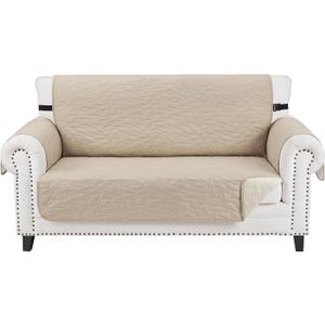 CUCRAF Non Slip Quilted Sofa Cover, Water Resistant Slipcover Furniture Protector for 2 Cushion Sofa Pet Friendly, Washable Couch Cover with Adjustable Elastic Straps (Medium Loveseat, Beige)