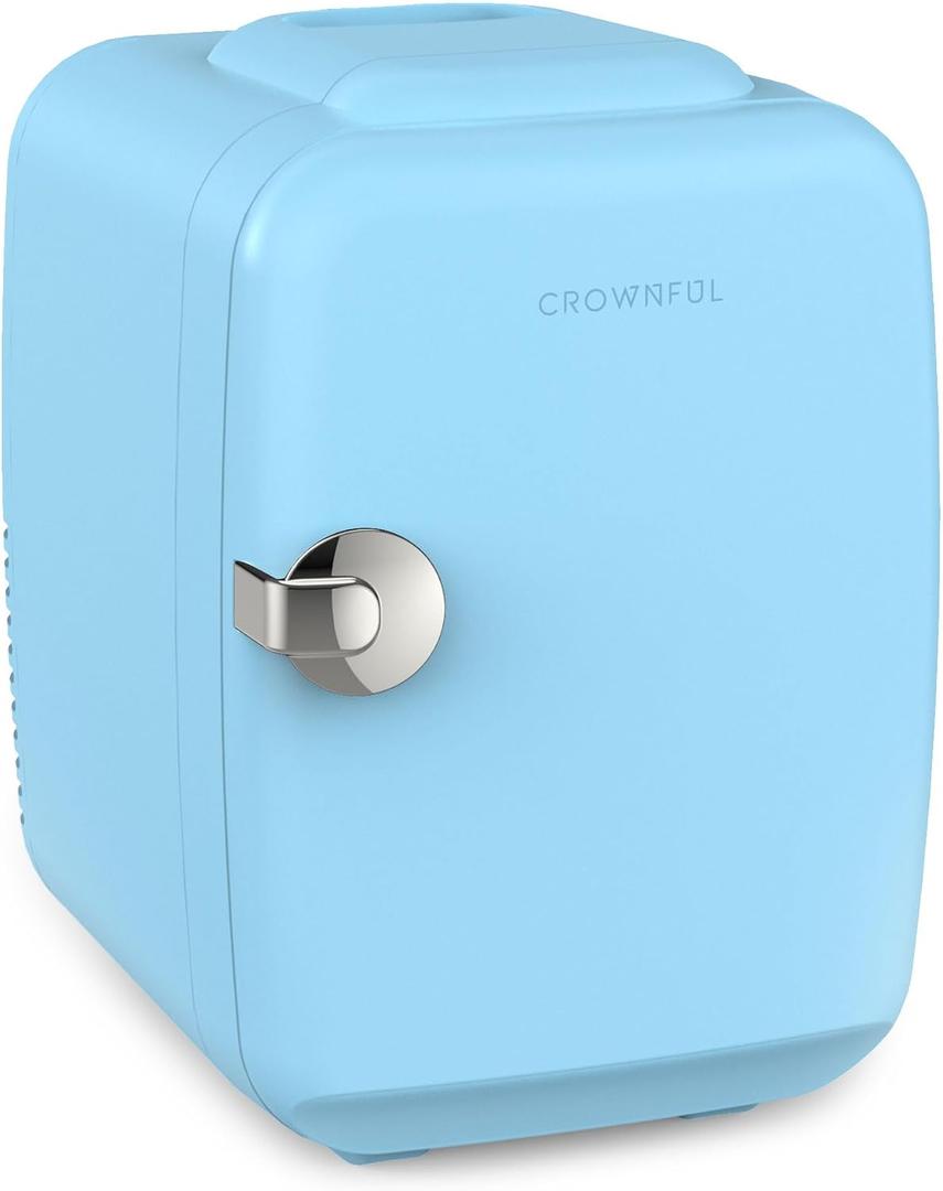 CROWNFUL Mini Fridge, 4 Liter/6 Can Portable Cooler and Warmer Personal Fridge for Skin Care, Cosmetics, Food,Great for Bedroom, Office, Car, Dorm, ETL Listed (Blue), 5.33x5.64x8.09 inches