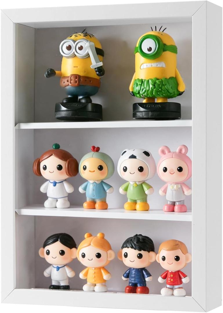 Small Display Case for Mini Figurines, Blind Box Toys | 2" Deep Shadow Box with Adjustable Shelves Tension-Fit DIY | Wall or Tabletop Stage for Stylized Vinyl Figures, Tiny Collectibles | White