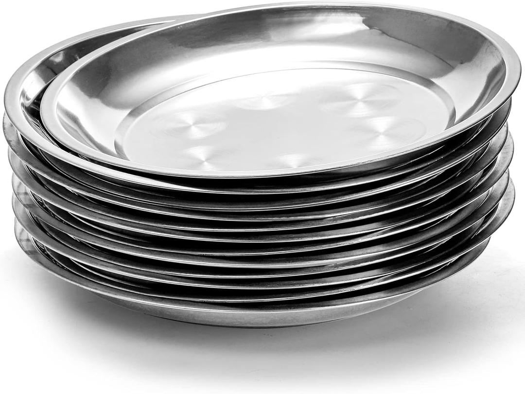 WUWEOT 10 Pack Stainless Steel Dinner Plates, 10" Round Kitchen Metal Dish Plates, Rust-Proof Camping Serving Plates for BBQ, Snack, Salad, Appetizer, Fruit, Cookies