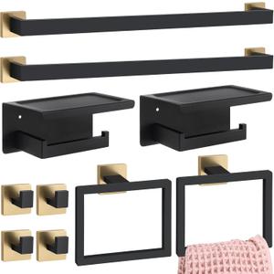 Blulu Bathroom Accessories Set 23.6 Inch Toilet Paper Holder with Phone Shelf Bathroom Hardware Set Towel Ring Robe Hook Stainless Steel Towel Holder Kit Wall Mounted(Black Gold,10 Pcs)