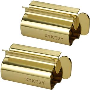 XYKEEY Toothpaste Tube Squeezer - Set of 2 Toothpaste Squeezer Rollers, Metal Toothpaste Tube Wringer Seat Holder Stand (Gold)