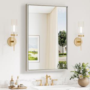 Keonjinn 24 x 36 Inch Brushed Nickel Bathroom Mirrors for Over Sink, Beveled Rectangle Framed Mirror for Wall, Farmhouse Bathroom Vanity Mirror, Tempered Glass, Hangs Horizontally or Vertically