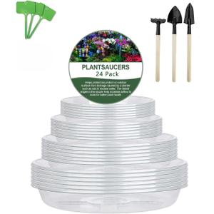 24 Pack of 6, 8, 10, 12 Inches Clear Plant Saucers Flower Pot Trays, with 24 Pcs Plant Labels and 3Pcs Mini Garden Tool, Plant Saucer Accessories, Excellent for Indoor & Outdoor Plants Flower