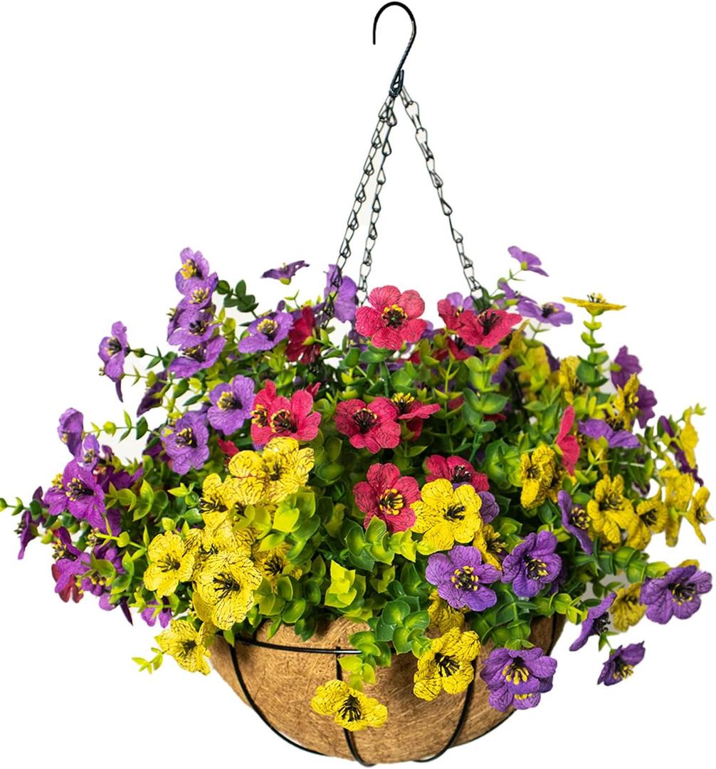 Artificial Hanging Flowers for Outdoors with Basket,UV Resistant Realistic Faux Hanging Plants Outdoor Artificial Flowers for Outdoors Basket for Yard Porch Patio Garden,12 Bundles Mix 4 Colors