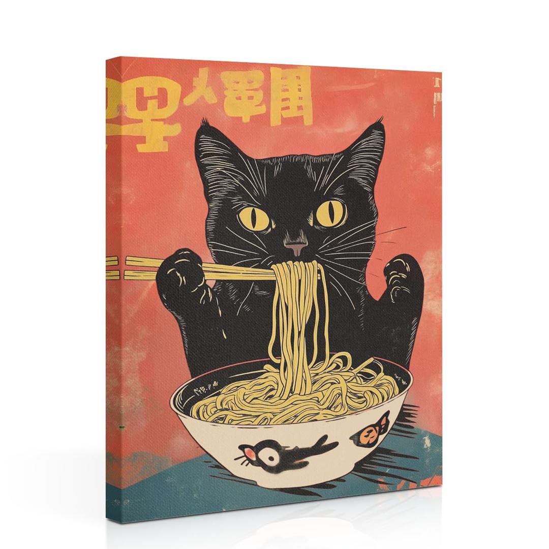 Funny Cat Canvas Wall Art, Vintage Japanese Cat Eating Ramen Framed Art Paintings Wall Decor Unique Gifts And Animal Lover Prints Picture for Living Room Kitchen Dining Room Farmhouse Decor 11.5x15In