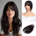 Hair Toppers for Women Clip in Bangs Real Human Hair,30g Brown Black Topper for Women 150% Density Silk Base Clip in Pieces Straight Hair for Thin Hair Daily Use
