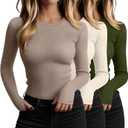 Huukeay 3 Pack Women's Cotton Ribbed Long Sleeve Tops with Thumb Holes, Crew Neck Undershirt Slim Fit Stretchy Layering Shirt (X-Large, Army Green, Light Beige, Light Khaki)