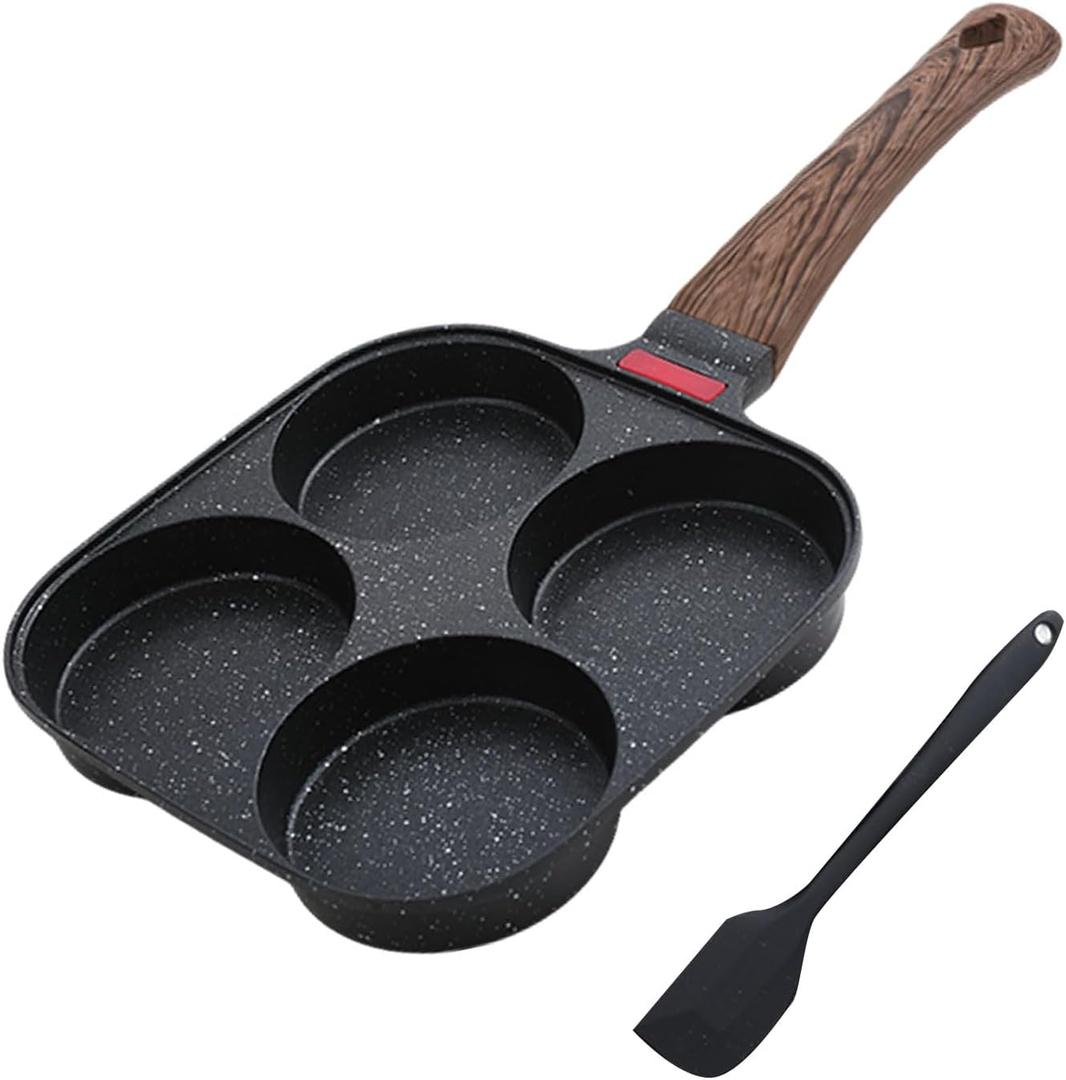 Nonstick 4-Cup Egg Pan, Black Aluminum Non Stick Frying Pans, Bakelite Handle, Healthy Egg Frying Pan For Pancake, Burger, Sandwiches,Suitable For Gas Stove & Induction Cooktop