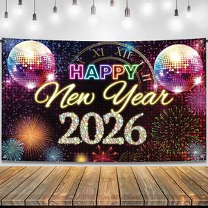 KatchOn, XtraLarge Happy New Year Banner - 72x44 Inch | Colorful Happy New Year Backdrop 2026 for New Years Eve Party Supplies 2026 Backdrop | New Years Decorations 2026 | NYE Decorations 2026 (NEON multi color)