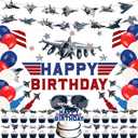 59 Pcs Fighter Jet Birthday Party Supplies, Air Force Themed Party Decoration Aircraft Airplane Backdrop Balloons Cake Cupcake Topper for Fighter Pilot Themed Birthday Party Decor