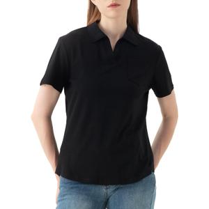 Women's V-Neck Ruffle Design Polo Shirts Short Sleeve Collared Loose Casual Tunic Blouses with Pocket (Black, L)