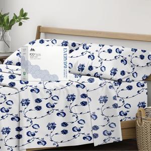 Mayfair Linen 100% Organic Cotton Printed Sheets Full Size - Percale Weave Cotton Full Size Sheet Set (4 PC, Floral Blue), Soft & Crisp, GOTS Certified, Cooling Sheets, 16" Deep Pocket