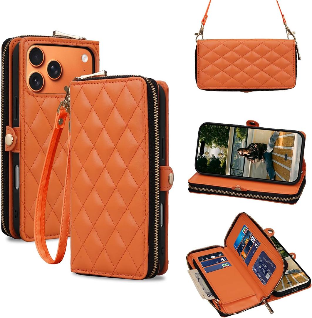 Rssviss Crossbody Case for iPhone 17 Pro Max Case Wallet, RFID Blocking Leather with Card Holder Kickstand, Handbag Zipper Flip Cover with Wrist Strap for iPhone 17 Pro Max Men Women 6.9", Orange