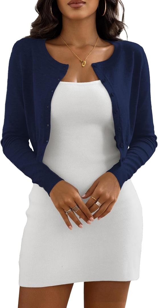Women's Cropped Cardigan Sweaters Crew Neck Button Down Open Front Knit Bolero Shrugs (Blue, L)