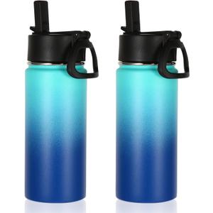Volhoply 16 OZ Kids Water Bottle Bulk 2 Pack,Insulated Sports Bottles with Straw Lid,Stainless Steel Bottle with Handle Keep Cold & Hot,Double Wall Vacuum Tumbler Cups for School(Green Blue, 2)