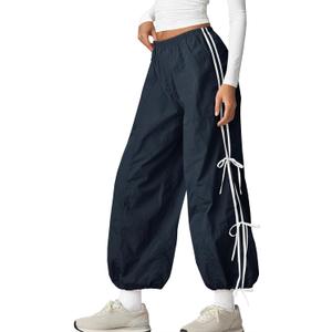 Fisoew Womens Wide Leg Track Pants Casual Elastic Waist Bow Tie Y2K Baggy Sweatpants with Pockets Navy (Blue)
