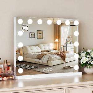 Vanity Mirror with Lights, 23"18" Large Hollywood Makeup Mirror with 15 Dimmable Bulbs, 3-Color Lighting, Dimmable, 10x Magnification, Desk Mirror, Bedroom (White)