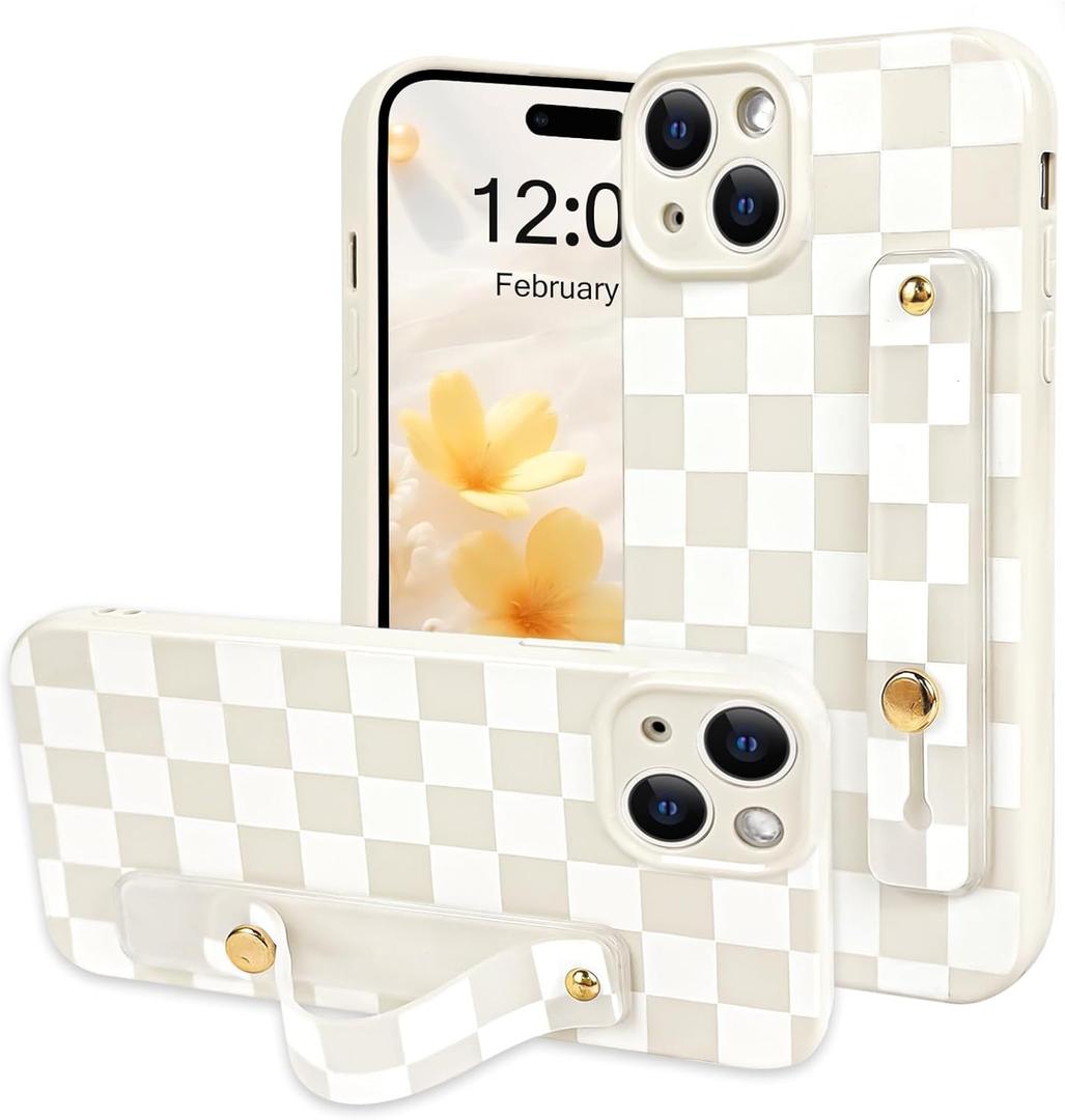 NITITOP Compatible with iPhone 15 Case with Wrist Strap Kickstand Cute Trendy Checkerboard Plaid for Women Girls Slim Fit TPU Silicone Shockproof Full Camera Protective Cover - White