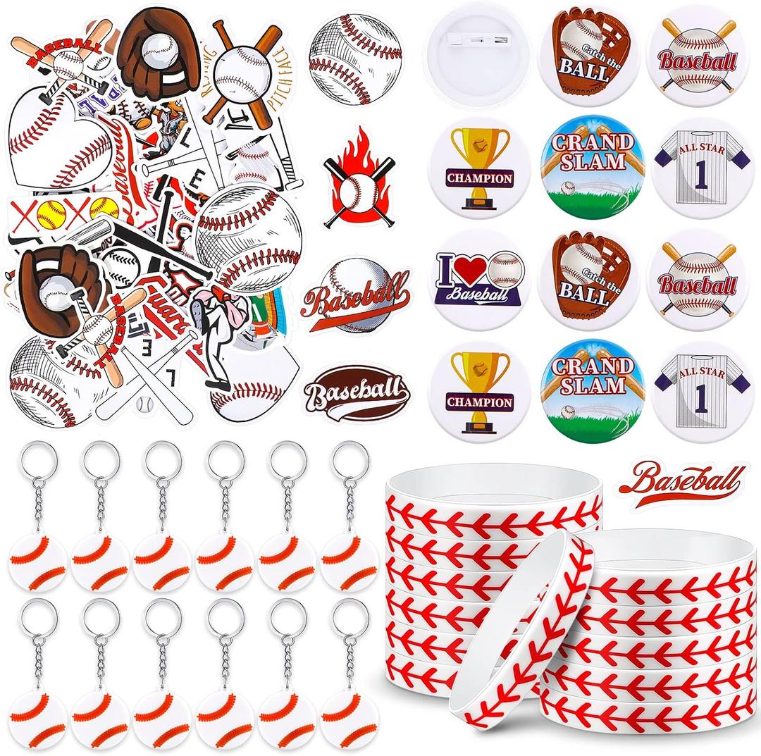 Tondiamo 86 Pcs Baseball Team Gifts Baseball Party Favors Supplies with 12 Silicone Bracelets, 12 Key Chains, 12 Pin Badges, 50 Waterproof Stickers for Baseballs Birthday Souvenir(Classic)