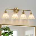 4 Light Gold Brass Bathroom Light Fixture,Brush Gold Vanity Lighting Over Mirror,Cute Milk White Glass Flower Lampshade,E26 Socket(Bulbs Not Included)