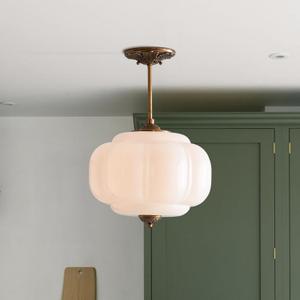 Milk Glass Ceiling Light Fixture - Antique Brass Semi Flush Mount Pendant Light for Kitchen, Hallway, and Bedroom 15 inch (White 15 inch)