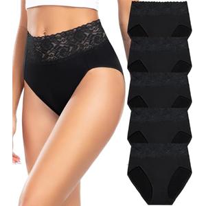 Wealurre Womens Underwear Cotton Bikini Panties for Women High Waisted Lace Hipster Stretch Briefs for Ladies 5 Pack(6005L,Black) Size L