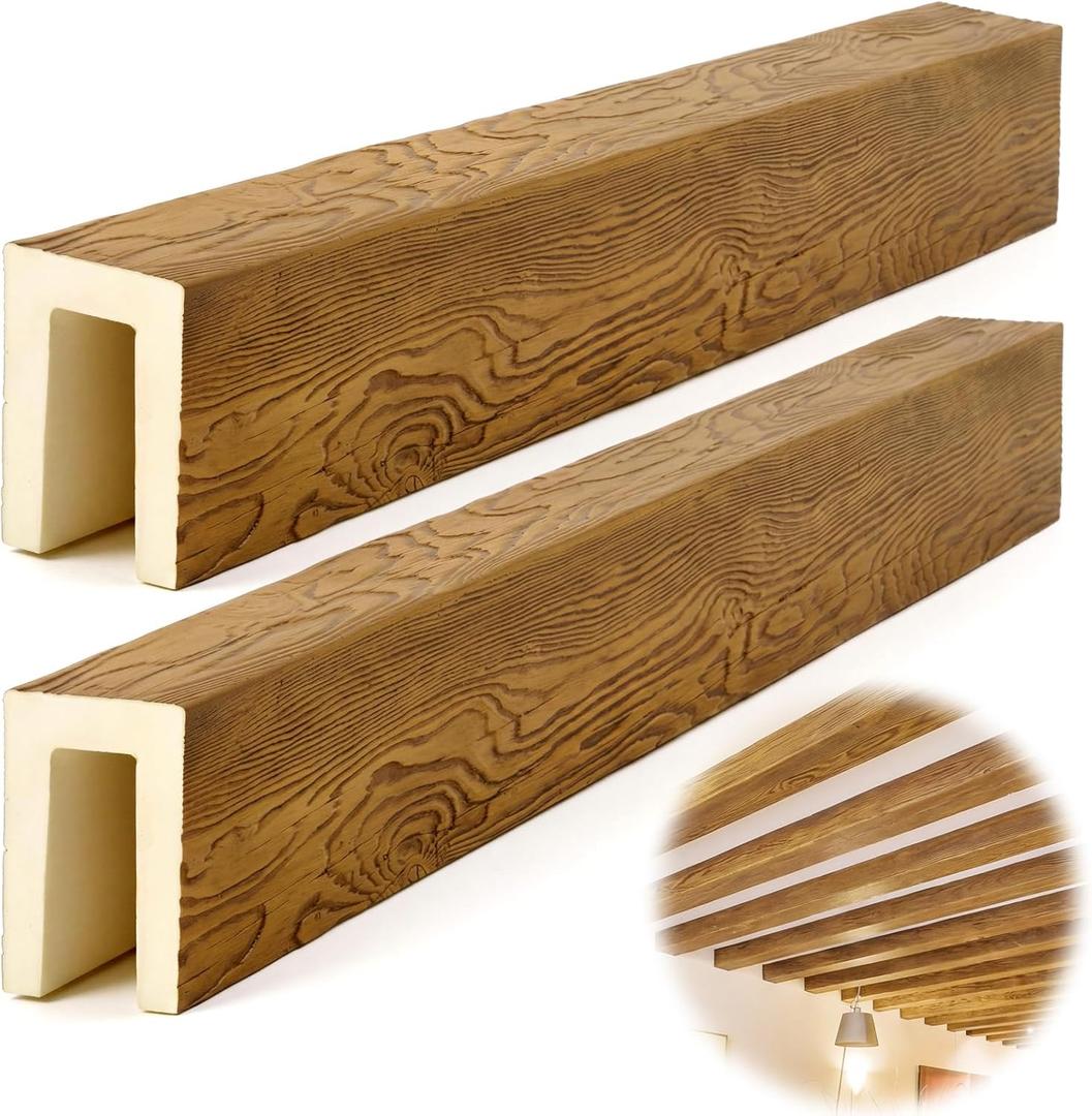 CroBlissful 2 Pack 3.5" W x 5.5" H x 48" L Faux Wood Ceiling Beams, Polyurethane U-Beams, Lightweight Rustic Wood Grain Beam Covers for Living Room Kitchen Entryway(Natural White Oak, MENA)