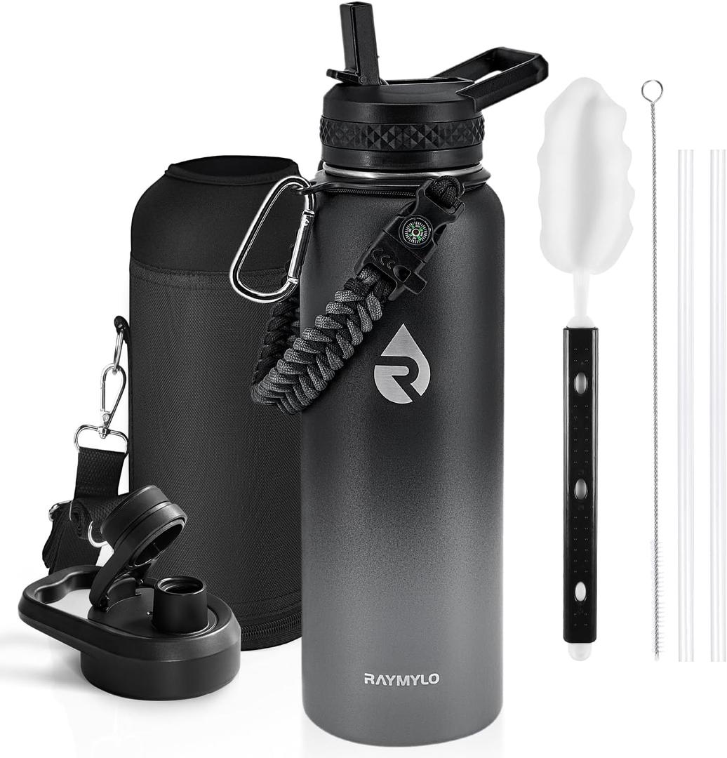 RAYMYLO Insulated Water Bottle 40 oz, Triple Wall Vacuum Stainless Steel (Cold for 36Hrs, Hot for 18Hrs), Leak Proof & Non-BPA, Modern Water Flask Jug with Paracord Handle & Straw Spout Lids