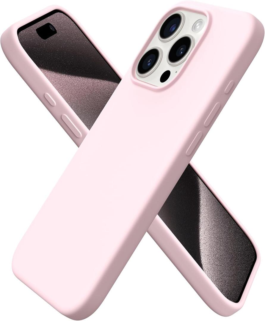 ORNARTO Compatible with iPhone 15 Pro Case 6.1", Liquid Silicone 3 Layers Full Covered Soft Gel Rubber Cover, Shockproof Protective Slim Phone Case with Anti-Scratch Microfiber Lining-Chalk Pink