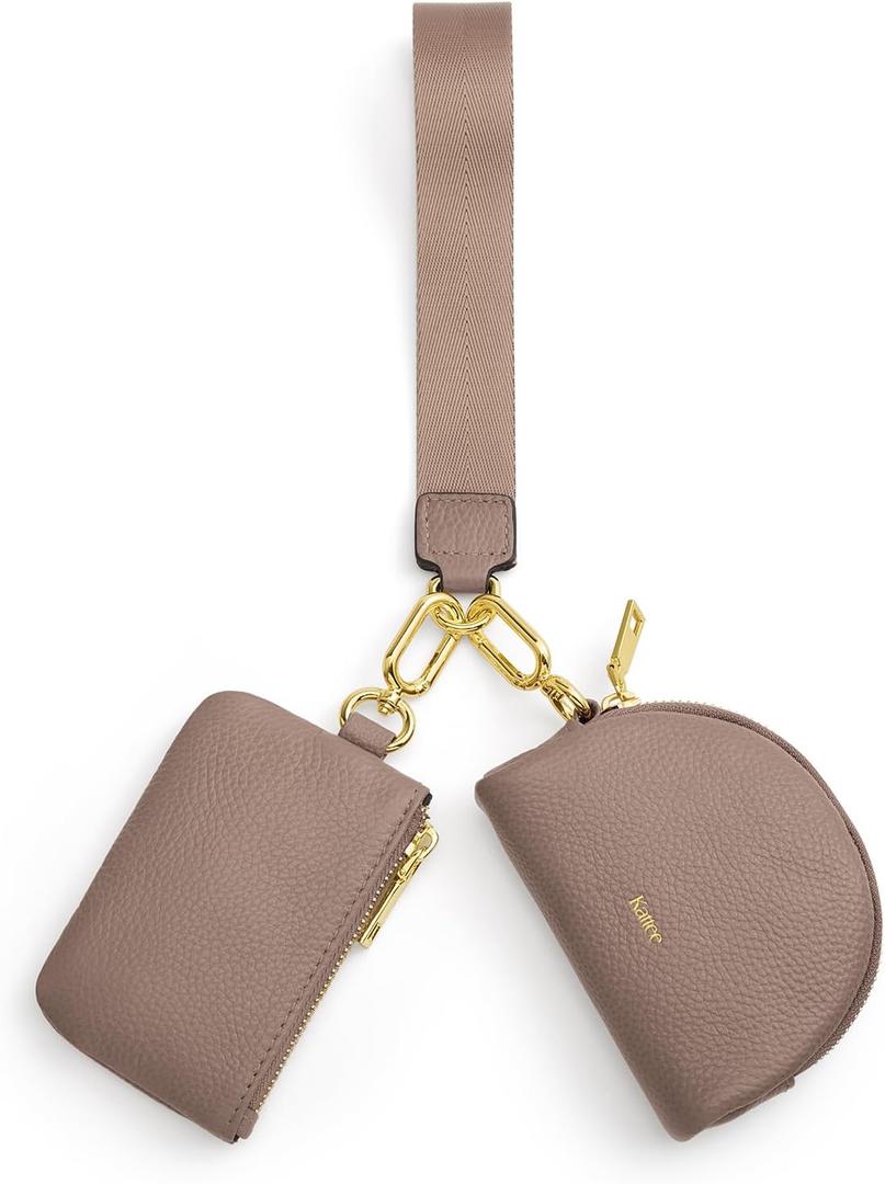 Kattee Mini Leather Wristlet Wallets for Women, Zip Around Dual Pouch Keychain Wristlet Detachable Coin Purse Change Pouch (Khaki)
