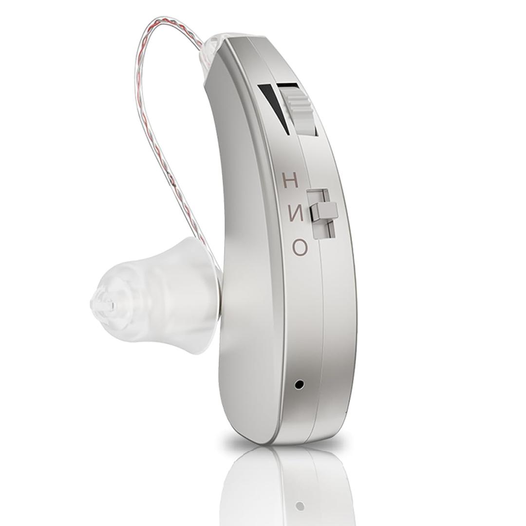 Chargeable Hearing Aid Amplifiers, BTE Hearing Assistance Device with Noise Reduction Volume Control, Pearl Grey, Left